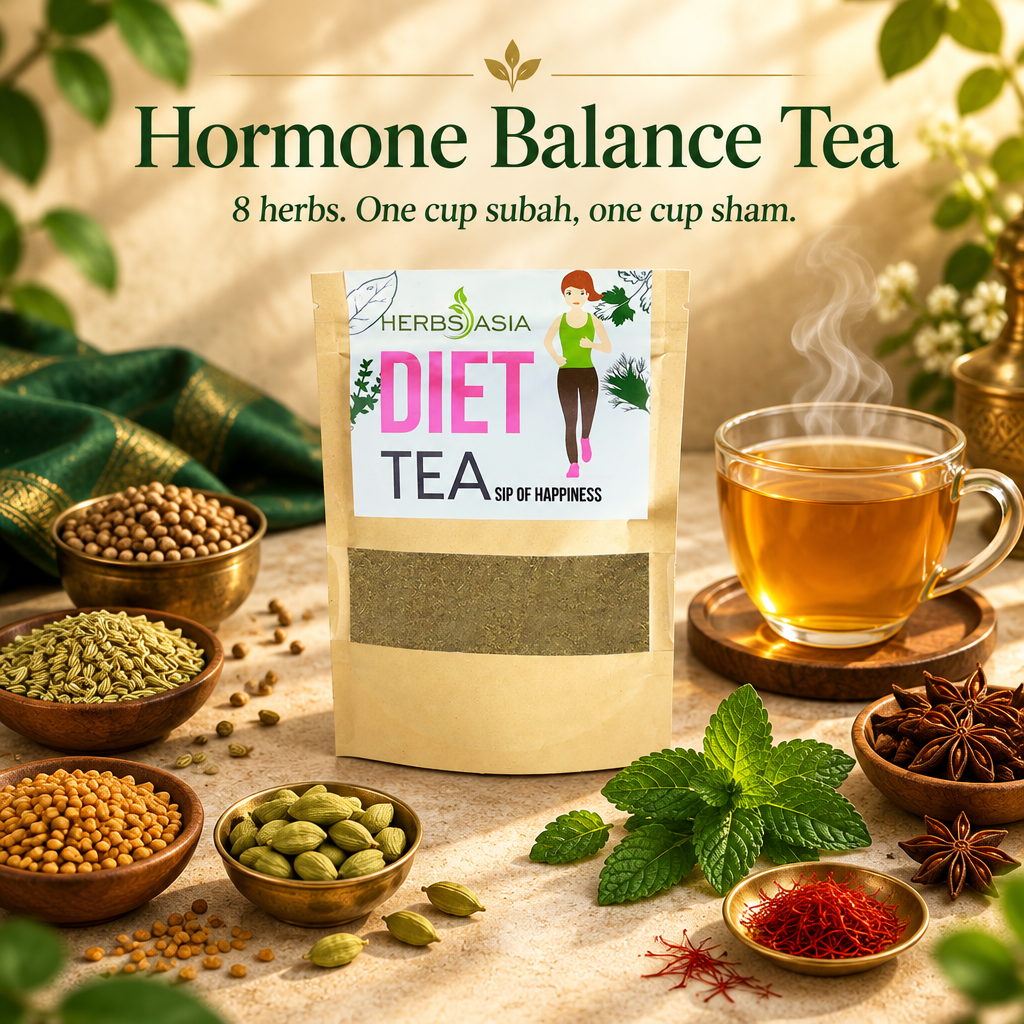 HerbsAsia Diet Tea hormone balance herbal tea pack with coriander, fennel, fenugreek, cardamom, spearmint, star anise and saffron